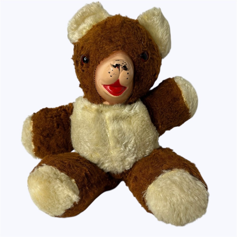 Vintage Plastic Face 13" Teddy Bear Plush Brown Cream Mid Century 50s 60s Toy